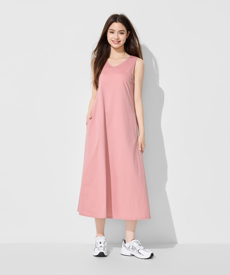 絲光棉寬鬆V領長洋裝-女