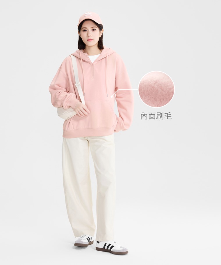 刷毛寬鬆半開襟連帽上衣-女