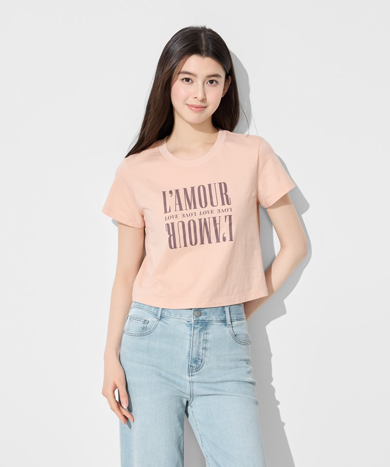 純棉圓領文字印花短版T恤-女