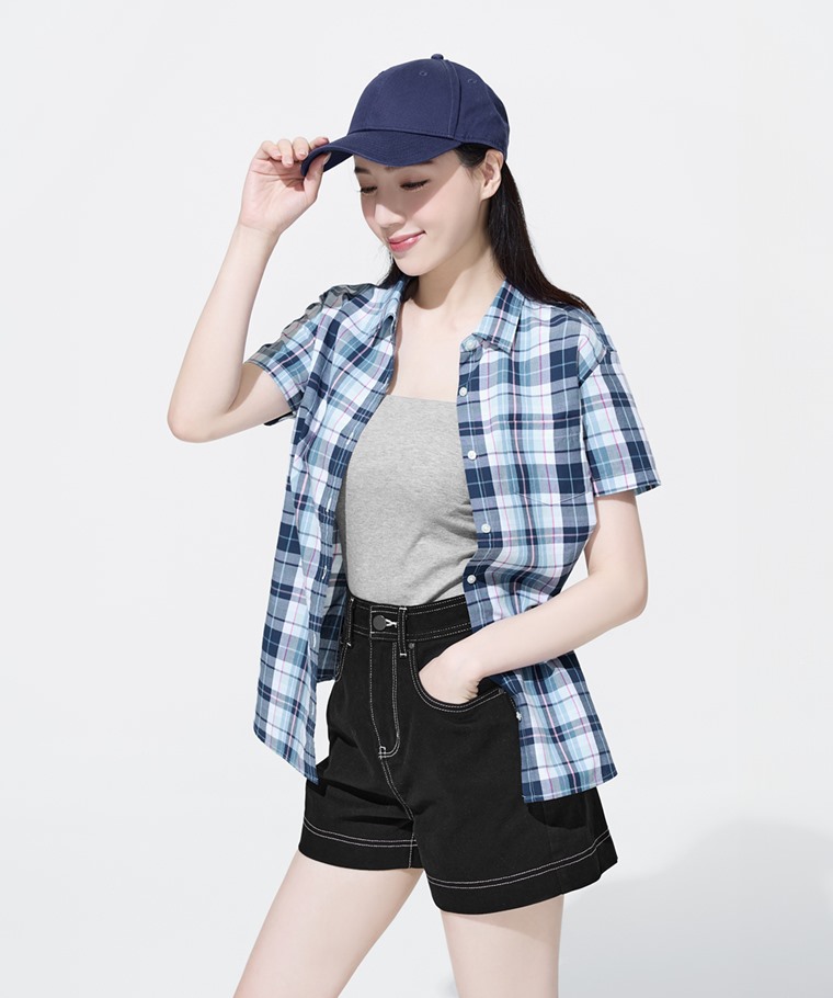 格紋短袖襯衫-女