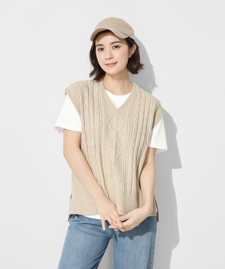 麻花寬版落肩V領針織背心-女