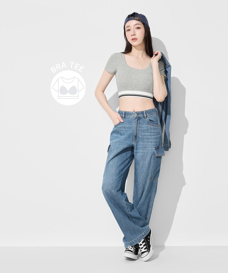 可拆式Bra莫代爾短版羅紋T恤-女