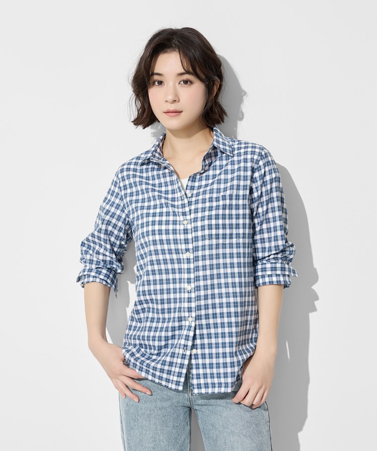 輕薄格紋長袖襯衫-女