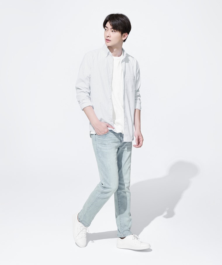 商務彈性條紋長袖襯衫-男