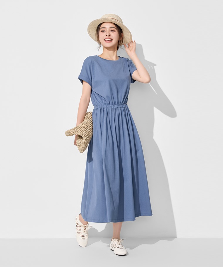 夏日精選女裝：女 · 柔滑棉連袖收腰長洋裝