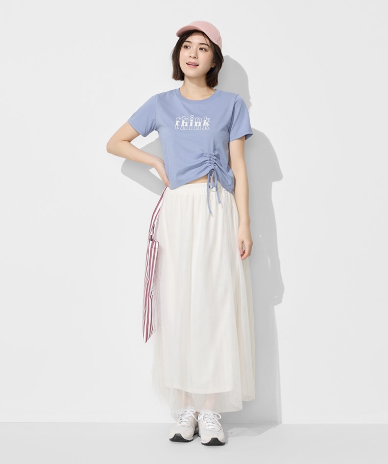 春夏女裝新品：女 · 柔滑棉文字印花抽繩上衣