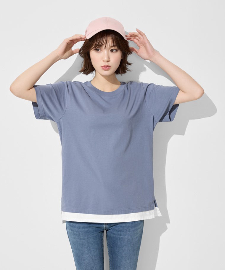 純棉寬版假兩件T恤-女