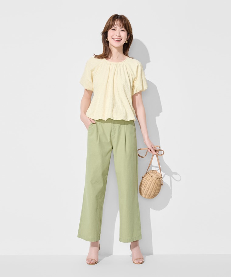 春季新品上市：女 · 棉質花瓣蕾絲澎袖上衣,女 · 棉麻寬褲