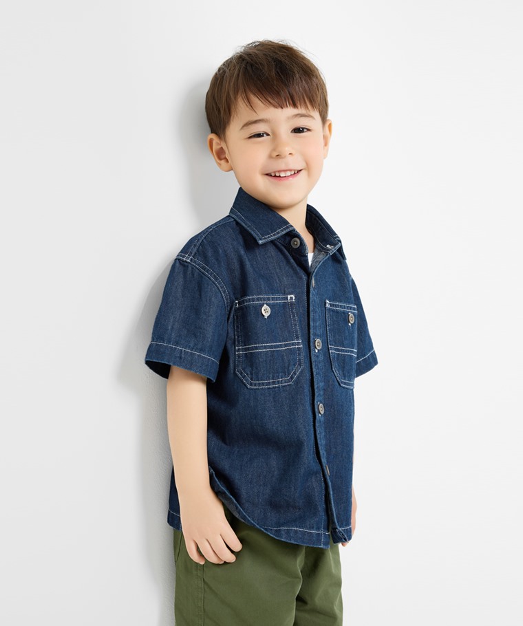 牛仔寬版短袖襯衫-童