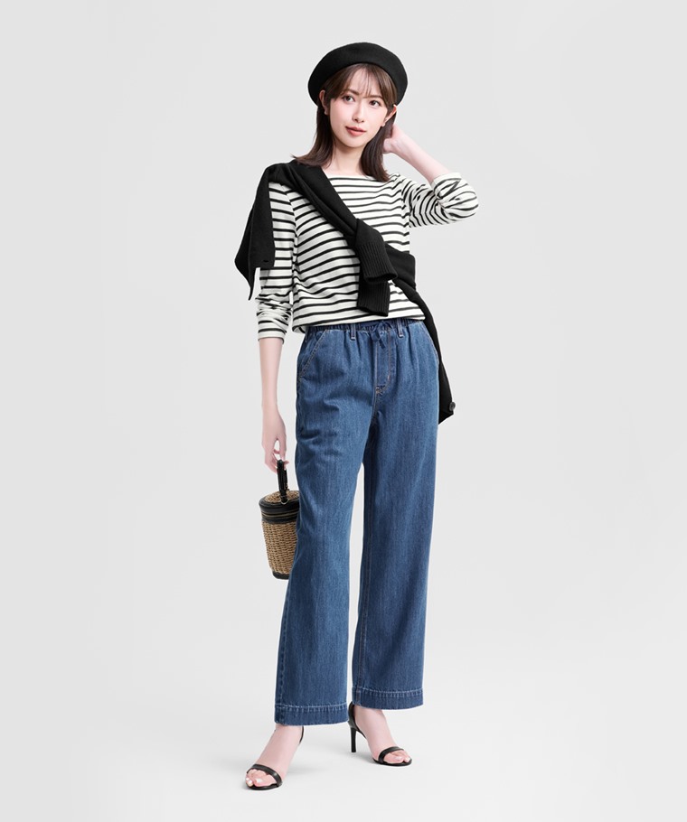 純棉粗紡條紋船型領T恤-女
