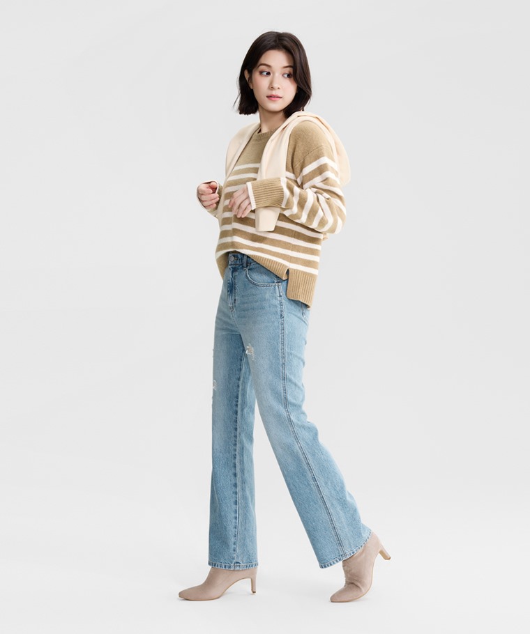 刷破靴型九分牛仔褲-女