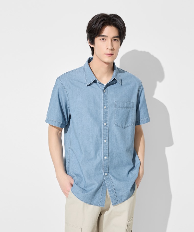 輕型牛仔短袖襯衫-男