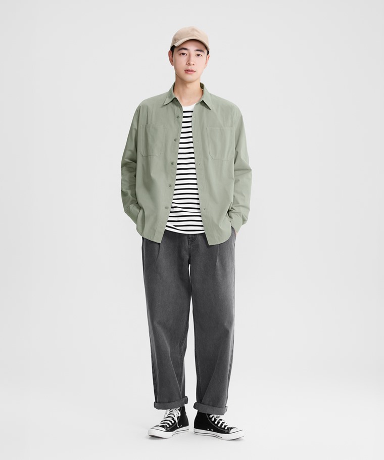 棉質工裝寬版長袖襯衫-男