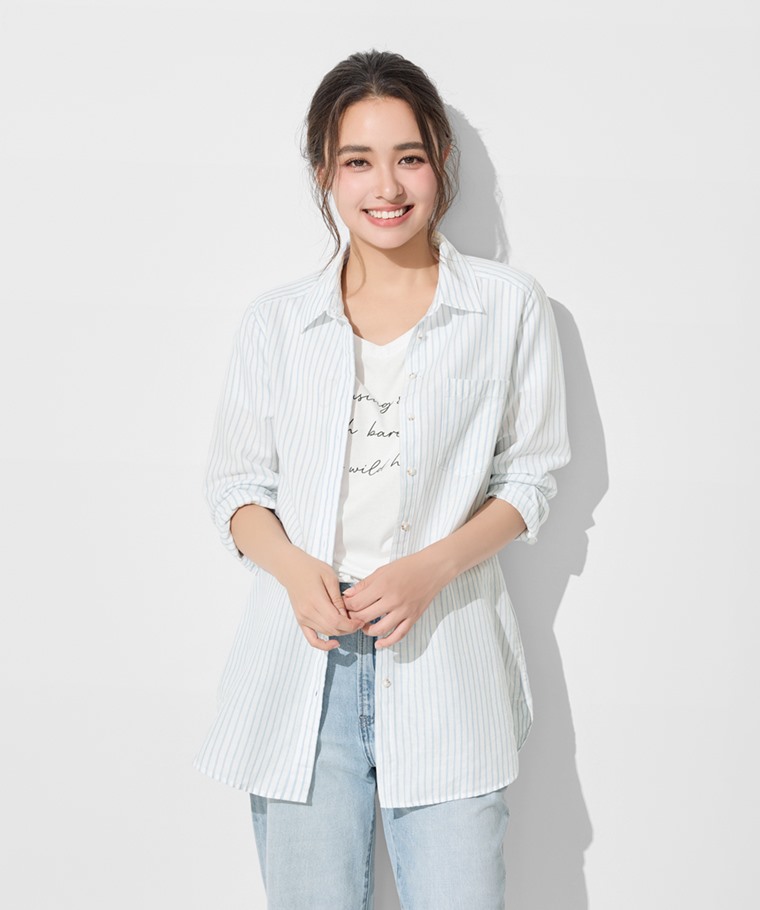 棉麻條紋長版襯衫-女