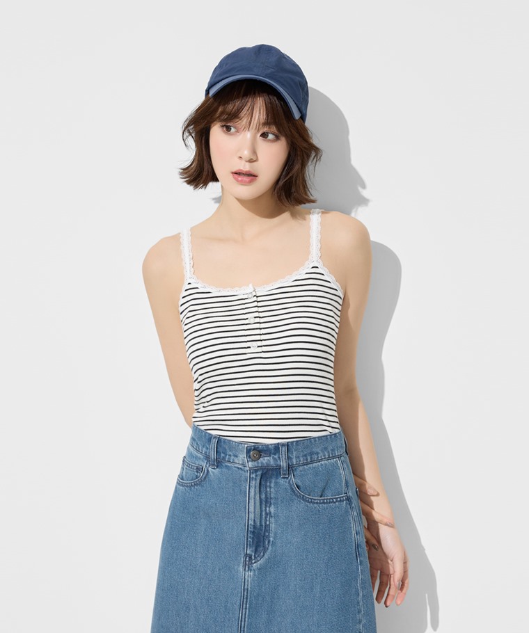 Bra條紋蕾絲細肩帶背心-女
