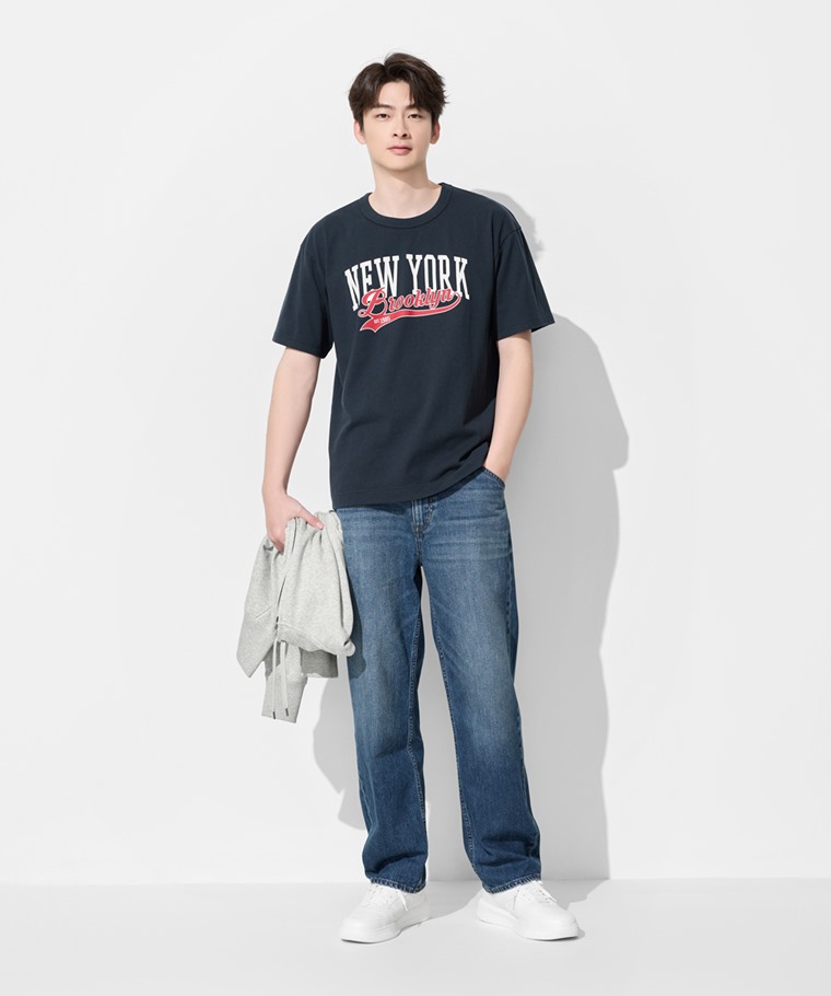 粗紡寬版文字印花T恤-01-男