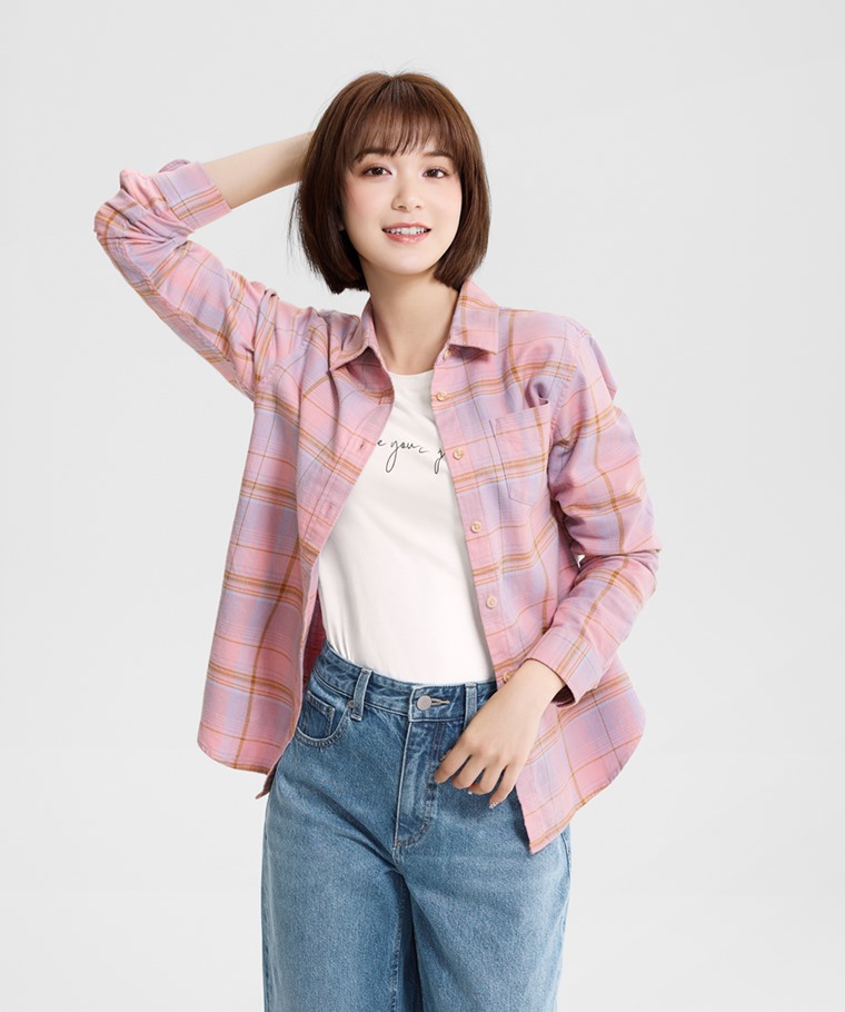 法蘭絨格紋長袖襯衫-女