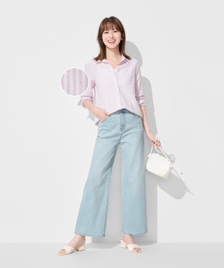 棉麻條紋長版襯衫-女