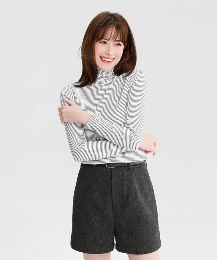 磨毛羅紋條紋高領T恤-女