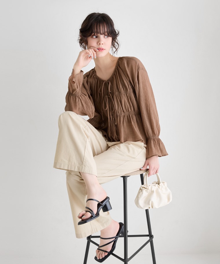 透膚細褶短版綁帶上衣-女