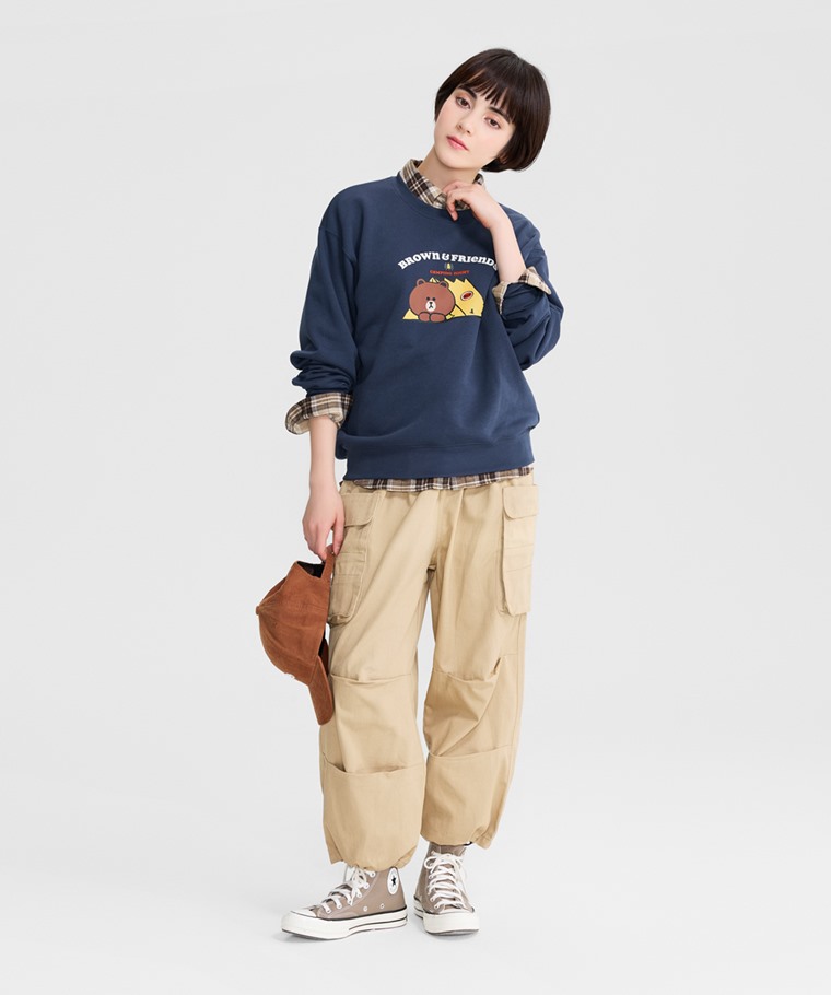LINE FRIENDS毛圈寬版印花圓領衫-02-女