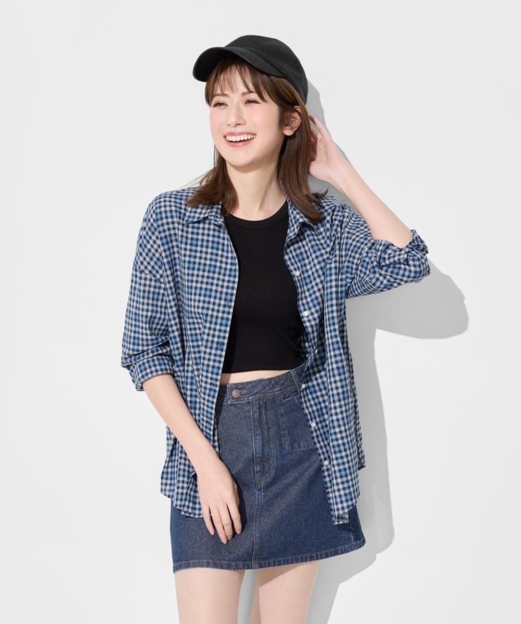 輕薄格紋寬版襯衫-女
