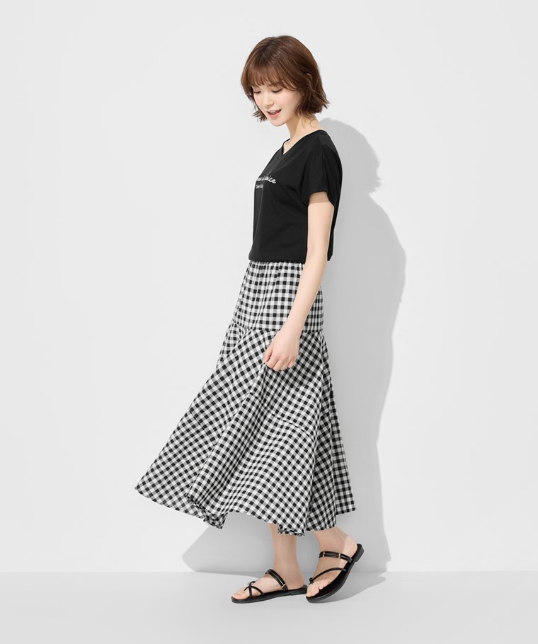 棉質格紋中長裙-女