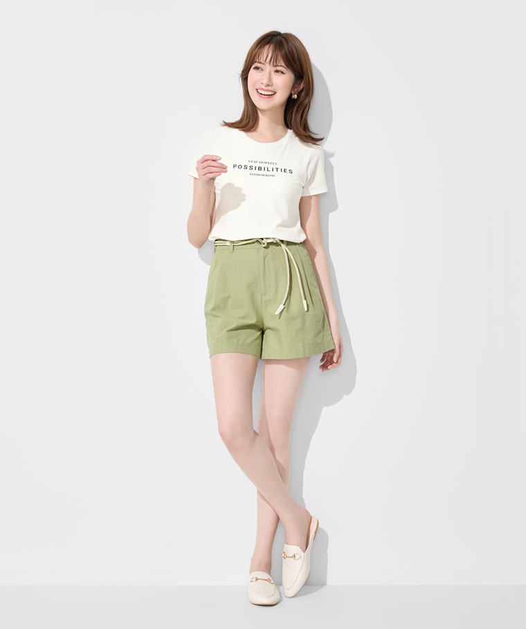 棉麻打褶短褲-女