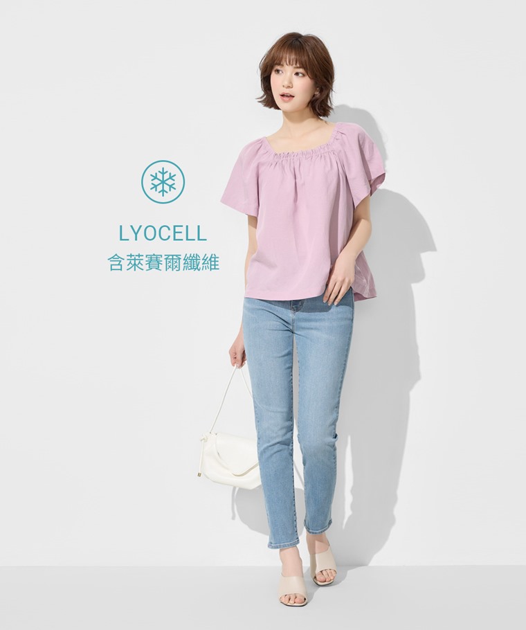 亞麻混紡方領寬版上衣-女