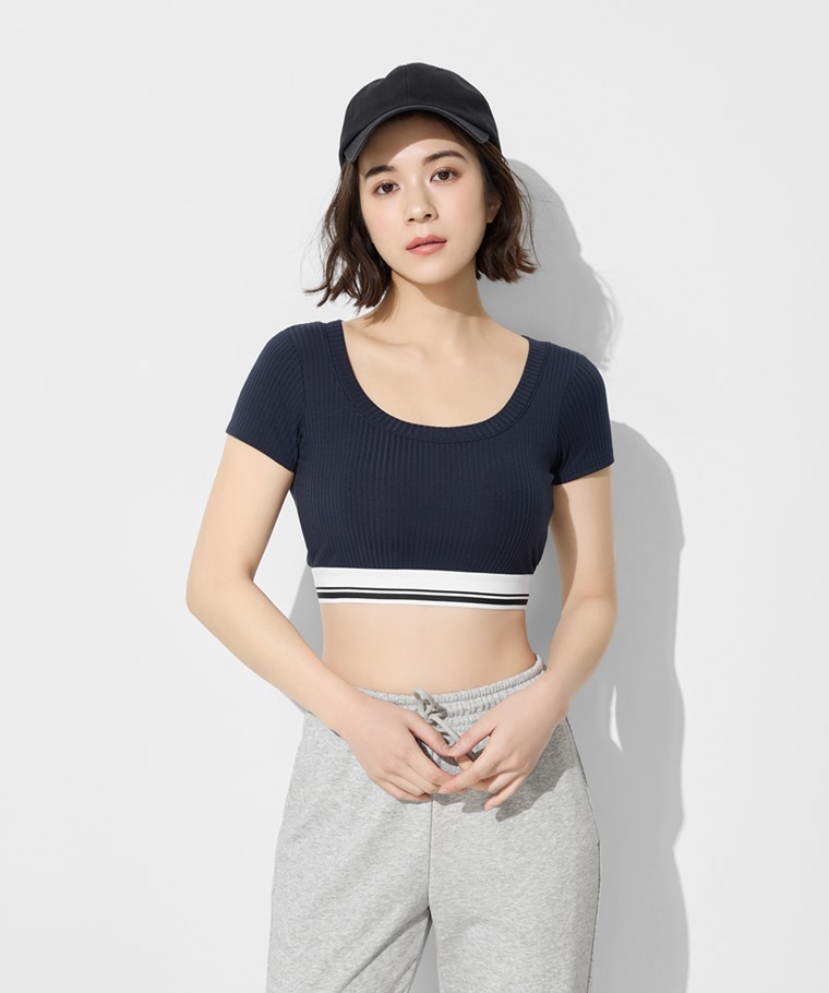可拆式Bra莫代爾短版羅紋T恤-女