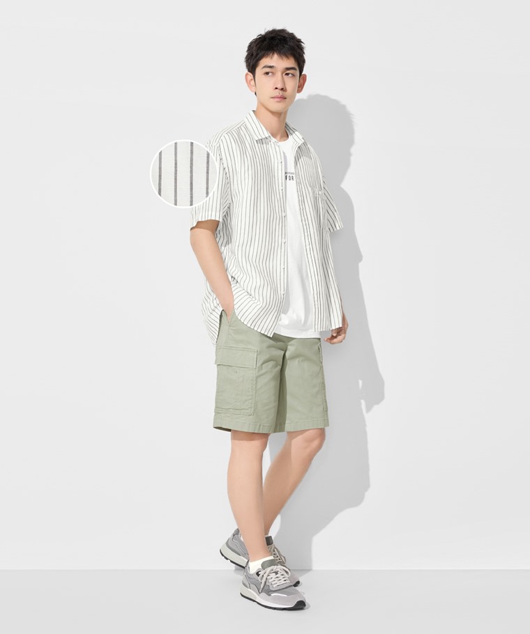 棉麻寬版條紋短袖襯衫-男