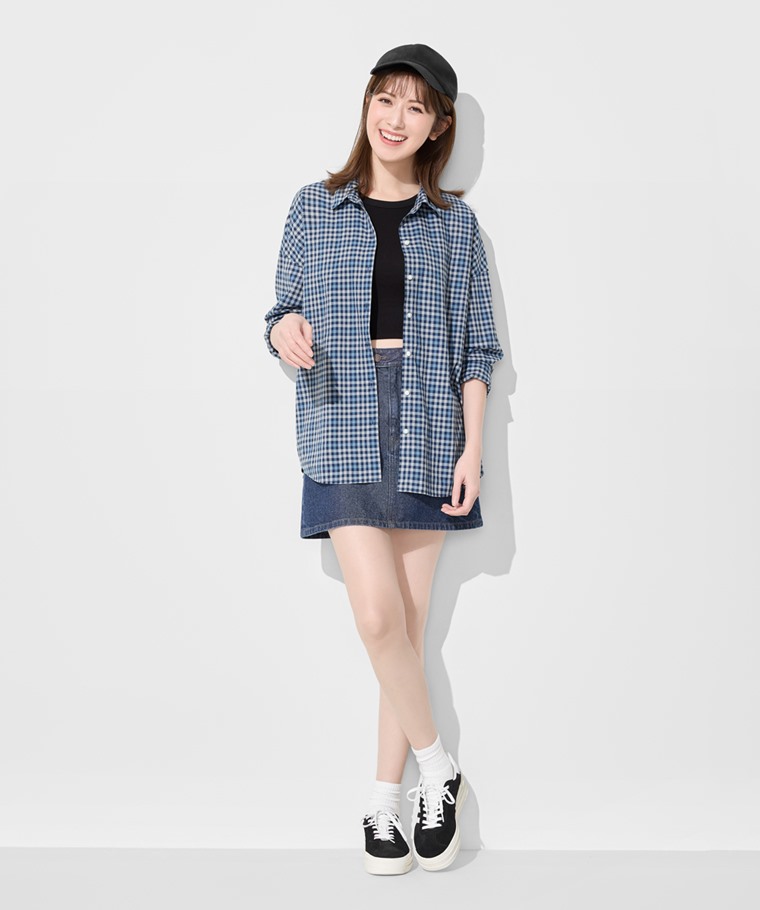 輕薄格紋寬版襯衫-女