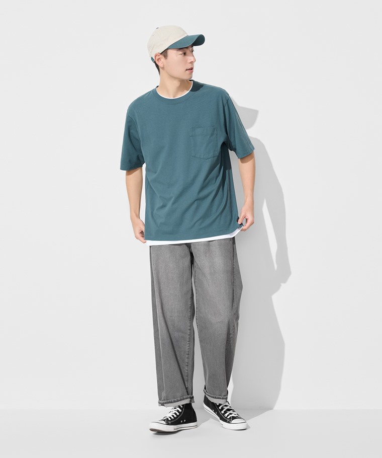 純棉厚寬版口袋五分袖T恤-男