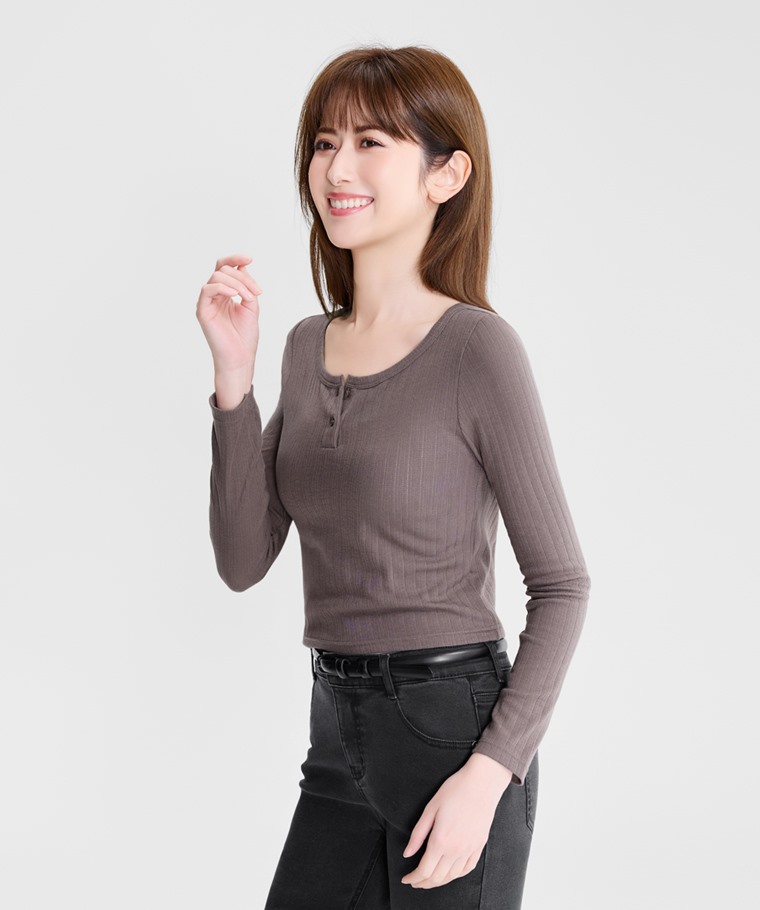 羅紋提花短版長袖T恤-女