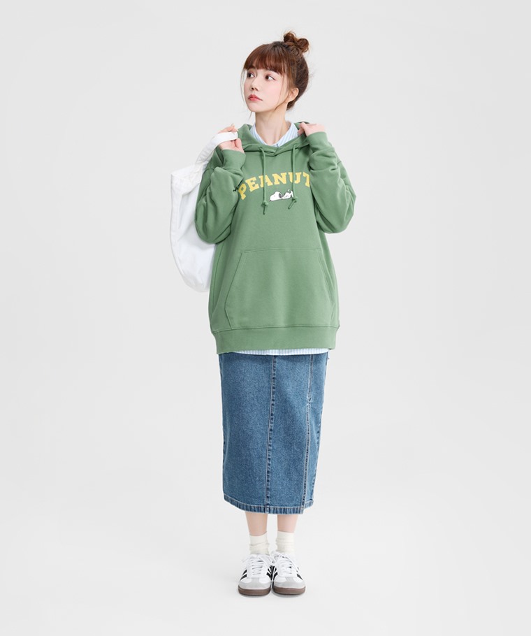 史努比系列毛圈寬長版印花連帽衫-09-女