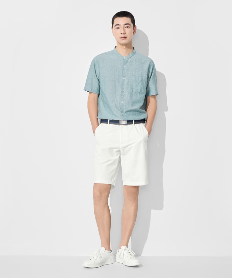 春夏男裝新品：配條腰帶,男 · 卡其短褲,男 · 棉麻立領短袖襯衫
