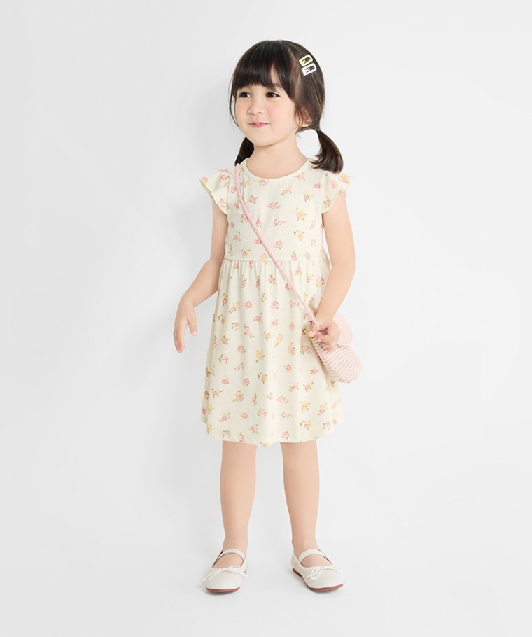 竹節棉荷葉袖花卉洋裝-童