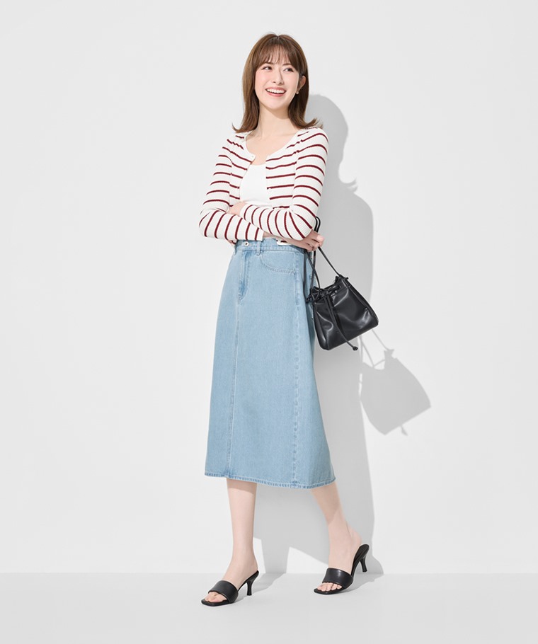 春夏女裝新品：女 · 垂墜感牛仔長裙,女 · Bra羅紋中短版背心,女 · 透膚圓領條紋短版針織外套