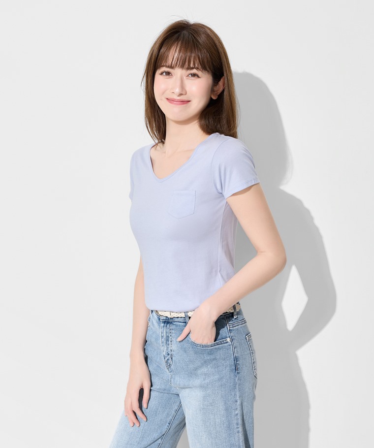 莫代爾口袋V領T恤-女