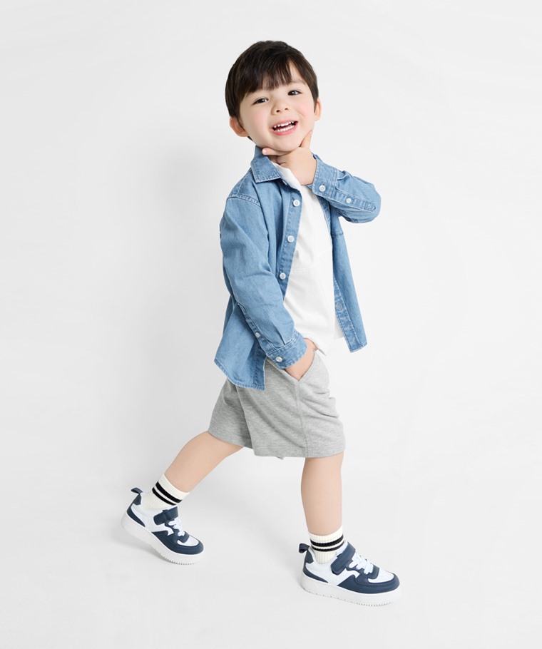 春夏童裝新品：童 · 小毛圈五分褲,童 · 毛圈配條中筒襪,童 · 輕型牛仔長袖襯衫