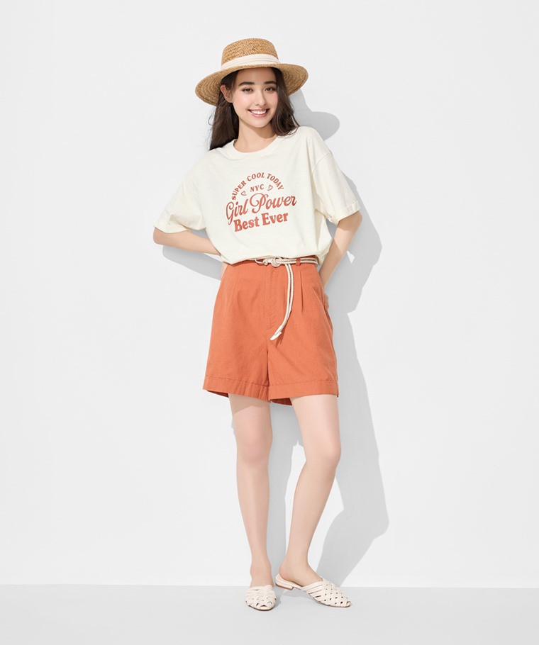 竹節棉落肩寬版文字T恤-女