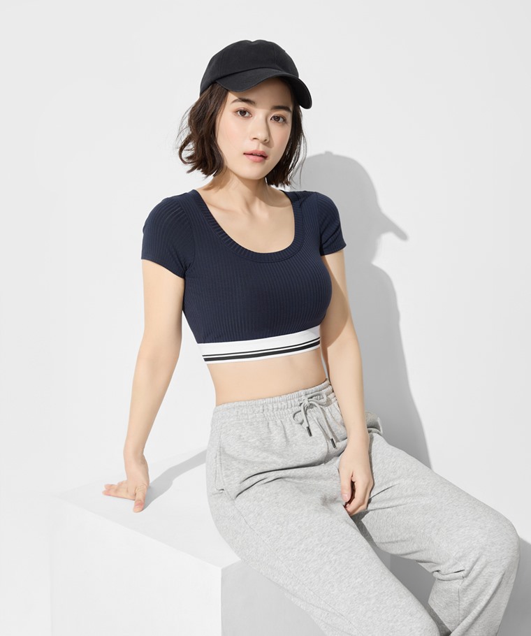 可拆式Bra莫代爾短版羅紋T恤-女