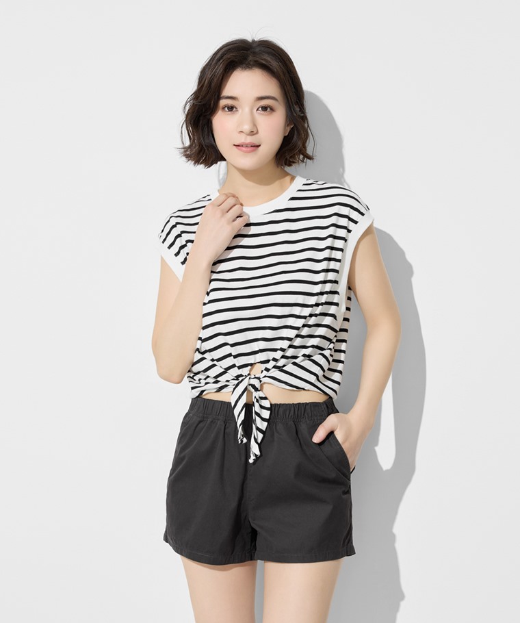 純棉寬版條紋綁帶上衣-女