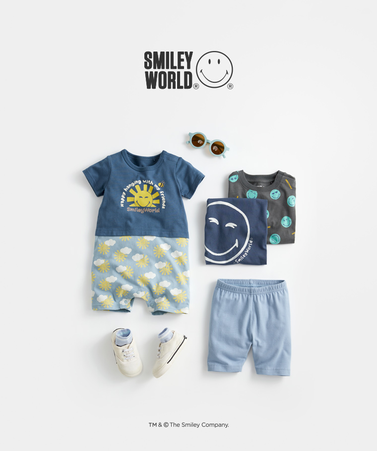 春夏嬰幼兒新品：Baby · SmileyWorld®印花T恤-02,Baby · SmileyWorld®純棉假兩件印花連身衣,Baby · SmileyWorld®竹節棉印花T恤,Baby · 多色踝襪(3入),Baby · 彈力五分內搭褲