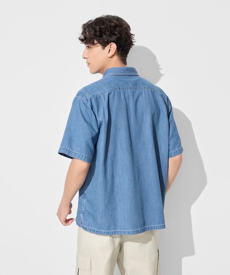 牛仔寬版短袖襯衫-男