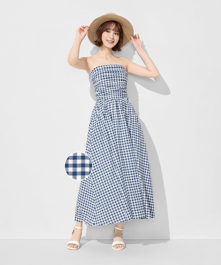 平口可拆式細肩帶格紋洋裝-女
