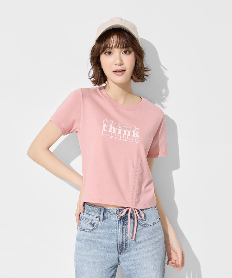 柔滑棉文字印花抽繩上衣-女