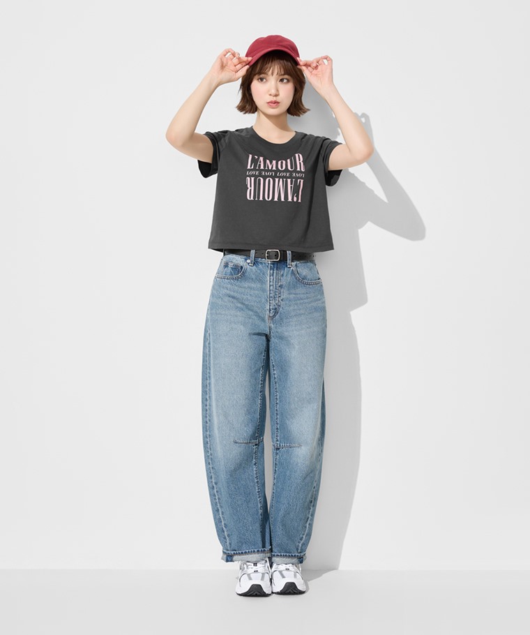 純棉圓領文字印花短版T恤-女