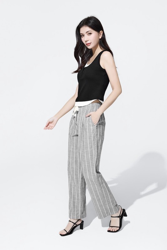 亞麻混紡條紋輕便長褲-女