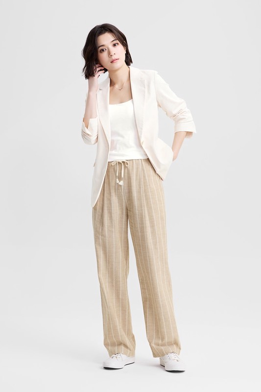 亞麻混紡條紋輕便長褲-女